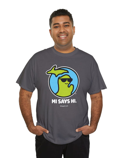 Man wearing a dark gray cotton t-shirt with a waving Michigan logo wearing sunglasses and smiling for the MI Says Hi brand.