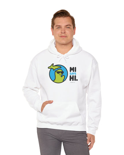 Man wearing a white hoodie with waving Michigan logo wearing sunglasses and smiling for the MI Says Hi brand.