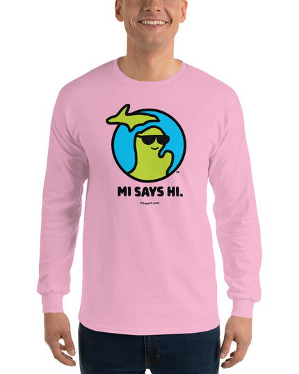 Man wearing a pink cotton long sleeve t-shirt with a waving Michigan logo wearing sunglasses and smiling for the MI Says Hi brand.