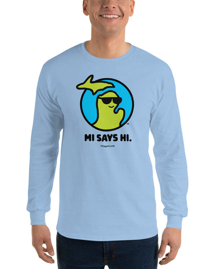 Man wearing a light blue cotton long sleeve t-shirt with a waving Michigan logo wearing sunglasses and smiling for the MI Says Hi brand.