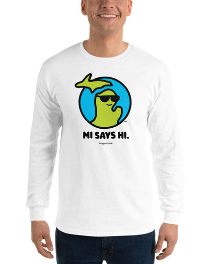 Man wearing a white long sleeve tee with a waving Michigan logo wearing sunglasses and smiling for the MI Says Hi brand.