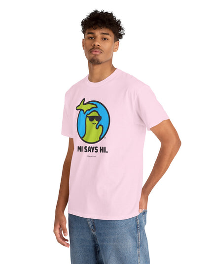 Man wearing pink cotton t-shirt with a waving Michigan logo wearing sunglasses and smiling for the MI Says Hi brand.
