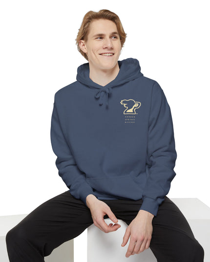 Man wearing a blue color hoodie by the Harbor Springer brand with a springer spaniel dog logo and Harbor Springs Michigan text.