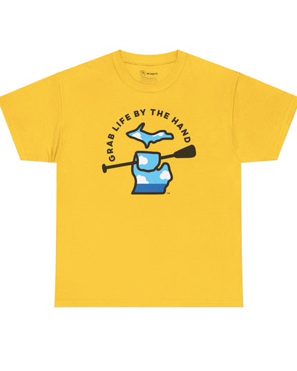 Yellow Michigan t-shirt for people who enjoy kayaking, canoeing or paddleboarding, showing the state of Michigan grabbing a paddle with the headline Grab Life by the Hand™.