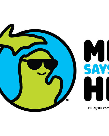 Waving Michigan logo wearing sunglasses and smiling with MI Says Hi title.