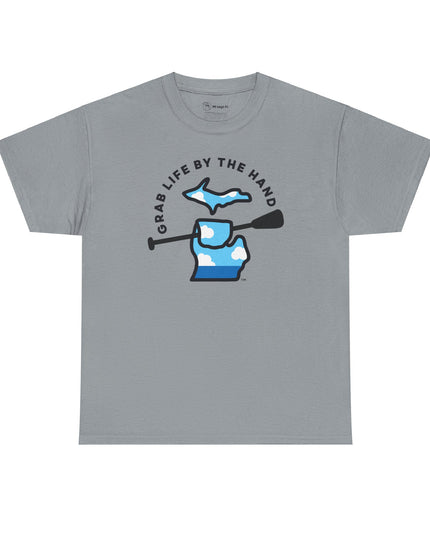 Gray Michigan t-shirt for kayakers, canoeers or paddleboarders, showing the state of Michigan grabbing a paddle with the headline Grab Life by the Hand™.