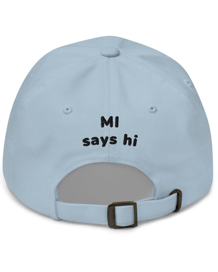 Back of a light blue hat with adjustable strap with Michigan brand MI Says Hi title embroidered.