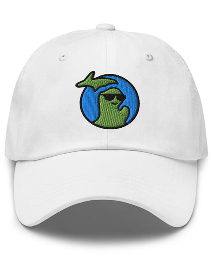 Waving Michigan logo wearing sunglasses embroidered on a white hat with adjustable strap.