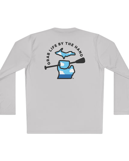 Michigan moisture-wicking long sleeve t-shirt in gray for kayaking, canoeing and paddleboarding with Grab Life by the Hand™ design.