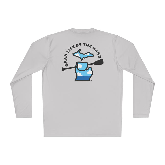 Michigan moisture-wicking long sleeve t-shirt in gray for kayaking, canoeing and paddleboarding with Grab Life by the Hand™ design.