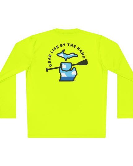 Michigan moisture-wicking long sleeve t-shirt in neon yellow for kayaking, canoeing and paddleboarding with Grab Life by the Hand™ design.