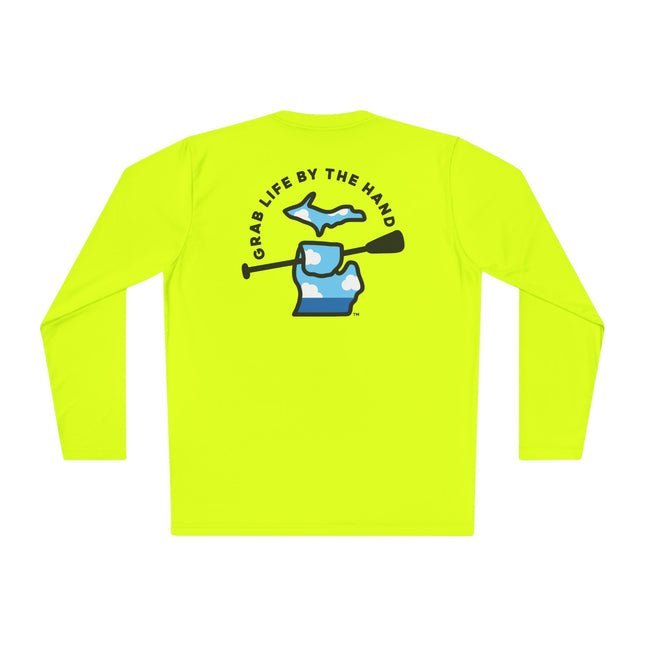 Michigan moisture-wicking long sleeve t-shirt in neon yellow for kayaking, canoeing and paddleboarding with Grab Life by the Hand™ design.