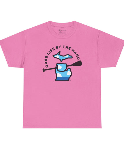 Pink Michigan t-shirt for those who kayak, canoe or paddleboard, showing the state of Michigan grabbing a paddle with the headline Grab Life by the Hand™.