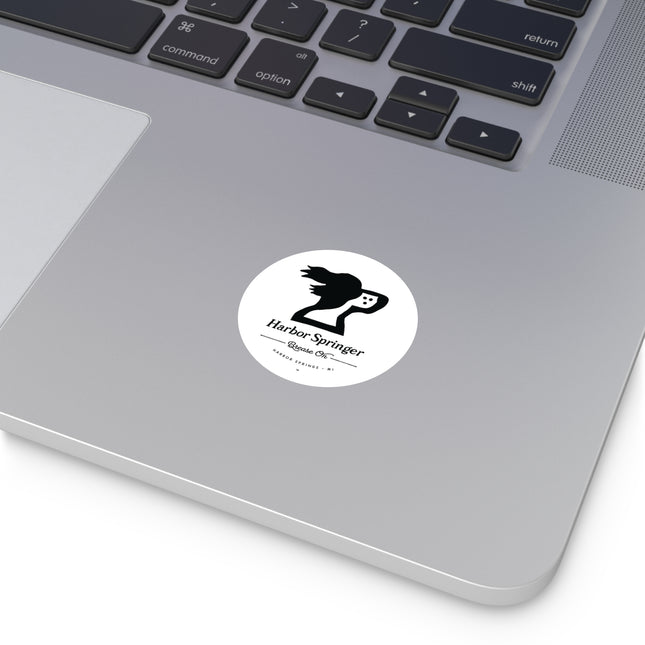 Michigan brand Harbor Springer springer spaniel dog logo with Brease On tagline on a round laptop sticker.
