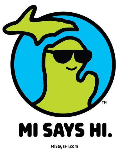 Waving Michigan logo wearing sunglasses and smiling for the MI Says Hi brand.