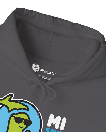 Closeup of neck label of a gray hoodie with waving Michigan logo wearing sunglasses and smiling for the MI Says Hi brand.