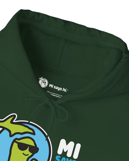 Closeup of neck label of a green hoodie with waving Michigan logo wearing sunglasses and smiling for the MI Says Hi brand.