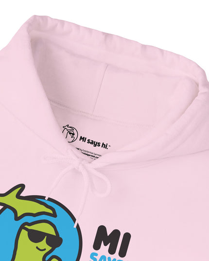 Closeup of neck label of a pink hoodie with waving Michigan logo wearing sunglasses and smiling for the MI Says Hi brand.