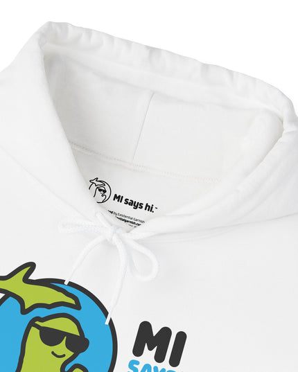 Closeup of neck label of a white hoodie with waving Michigan logo wearing sunglasses and smiling for the MI Says Hi brand.