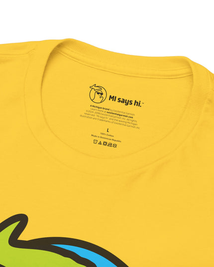 Close up of neck label of a yellow cotton t-shirts with a waving Michigan logo wearing sunglasses and smiling for the MI Says Hi brand.