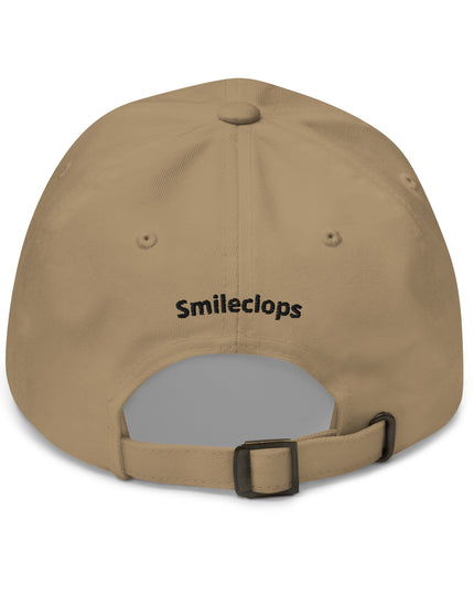 Khaki ball cap with the Smileclops™ brand on the back for those who remain, in all things, Oddly Happy™.