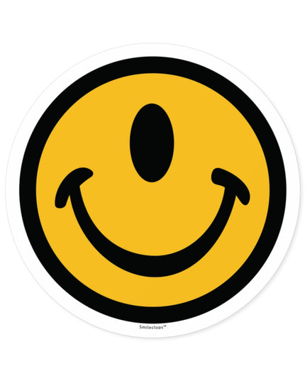 One eyed smile face round sticker by the Smileclops™ brand.