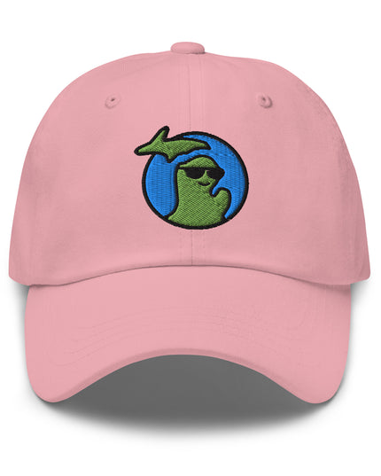 Waving logo of the state of Michigan waving, smiling and wearing sunglasses embroidered on a pink hat with adjustable strap.