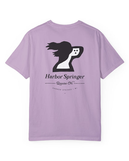 Purple t-shirt by the Harbor Springer brand with a springer spaniel dog logo and Brease On tagline on the back.