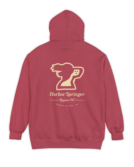 Red color hoodie by the Harbor Springer brand with a springer spaniel dog logo and Brease On tagline on the back.