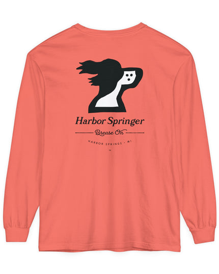 Salmon color long sleeve t-shirt by the Harbor Springer brand with a springer spaniel dog logo and Brease On tagline on the back.