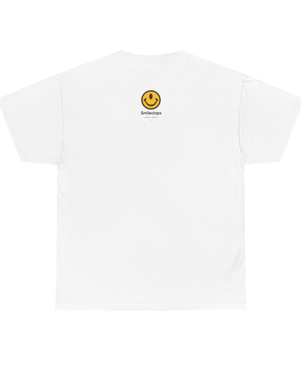 One-eyed smiling face white t-shirt back design by the Smileclops brand.