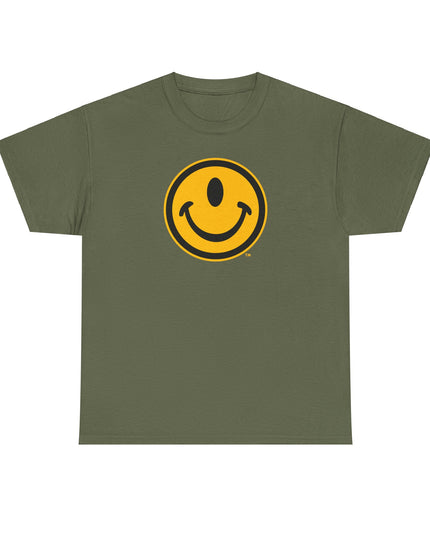 One-eyed smiling face military green t-shirt back design by the Smileclops brand.