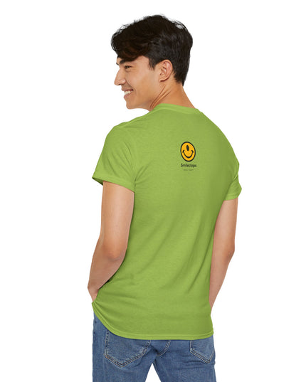Man wearing a one-eyed smiling face bright green t-shirt, back design view by the Smileclops brand.