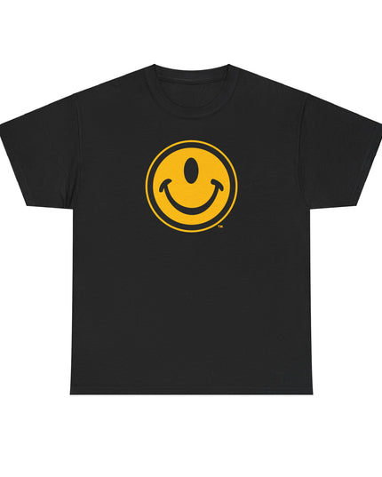 Black t-shirt with a one-eyed smiling face design by the Smileclops brand.