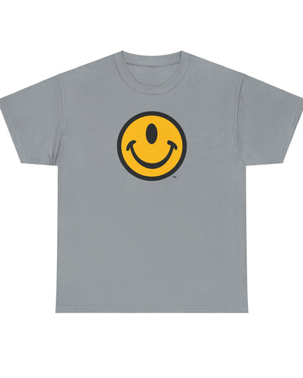 One-eyed smiling face gray t-shirt design by the Smileclops brand.