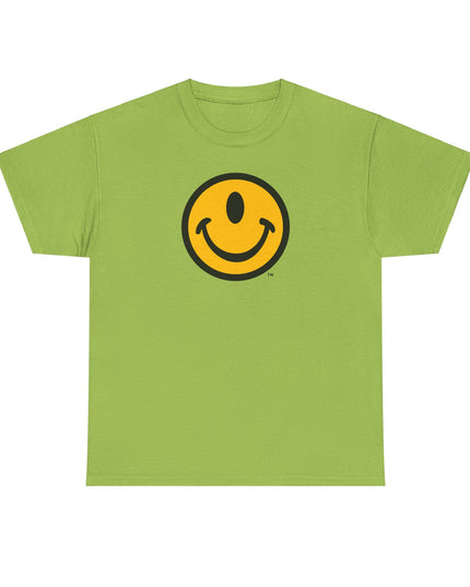 Bright green t-shirt with a one-eyed smiling face design by the Smileclops brand.