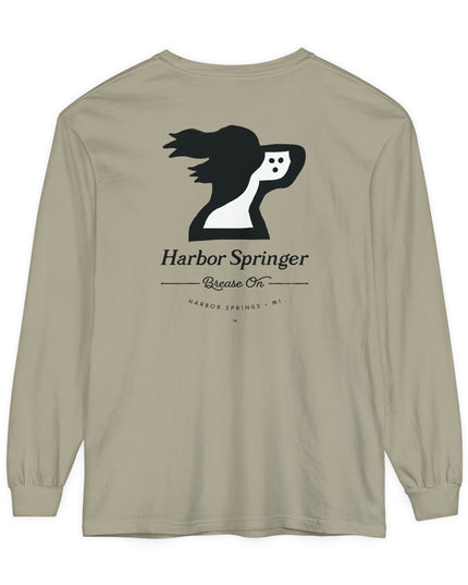 Tan color long sleeve t-shirt by the Harbor Springer brand with a springer spaniel dog logo and Brease On tagline on the back.