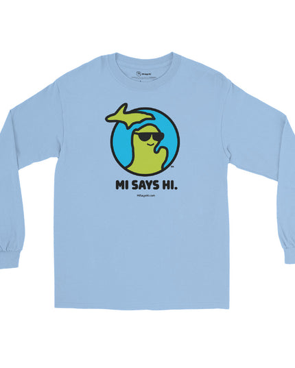Light blue cotton long sleeve t-shirt with a waving Michigan logo wearing sunglasses and smiling for the MI Says Hi brand.