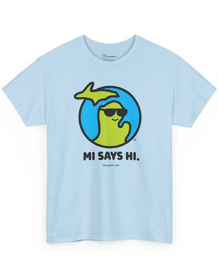 Light blue cotton t-shirt with a waving Michigan logo wearing sunglasses and smiling for the MI Says Hi brand.