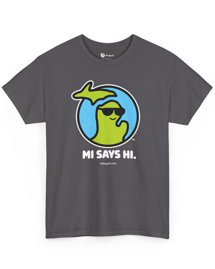 Dark gray cotton t-shirt with a waving Michigan logo wearing sunglasses and smiling for the MI Says Hi brand.