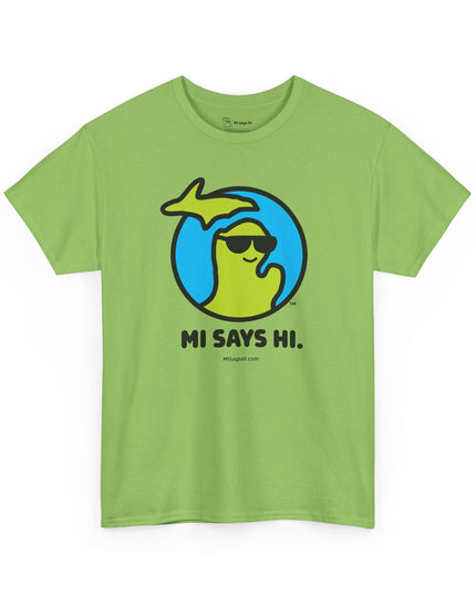 Green cotton t-shirt with a waving Michigan logo wearing sunglasses and smiling for the MI Says Hi brand.