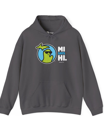 Gray hoodie with waving Michigan logo wearing sunglasses and smiling for the MI Says Hi brand.