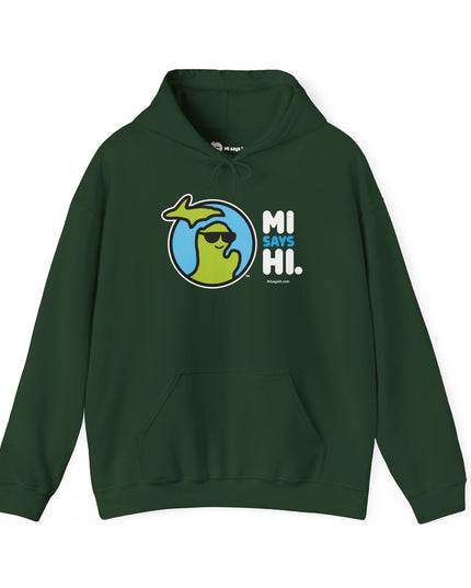 Waving Michigan logo wearing sunglasses and smiling on a green hoodie..