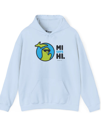 Light blue hoodie with waving Michigan logo wearing sunglasses and smiling for the MI Says Hi brand.