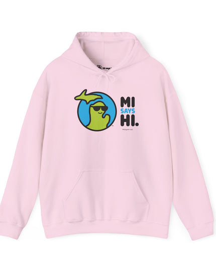 Closeup of neck label of a pink hoodie with waving Michigan logo wearing sunglasses and smiling for the MI Says Hi brand.