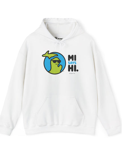 White hoodie with waving Michigan logo wearing sunglasses and smiling for the MI Says Hi brand.