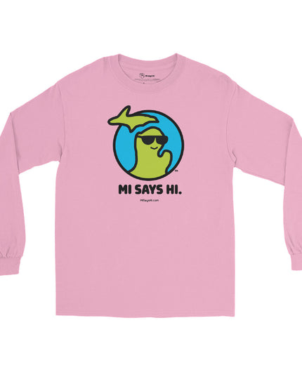 Pink cotton long sleeve white t-shirt with a waving Michigan logo wearing sunglasses and smiling for the MI Says Hi brand.
