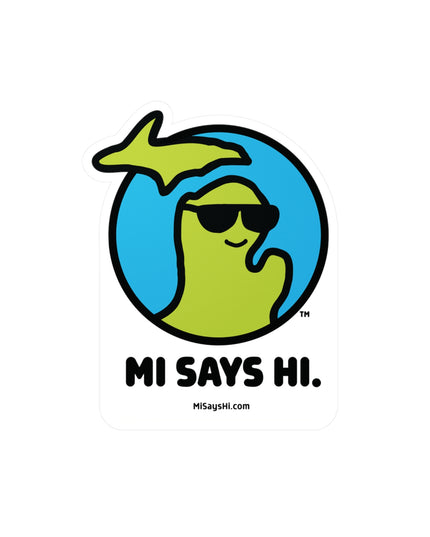 Vinyl sticker with waving Michigan logo wearing sunglasses.