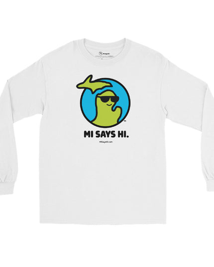 Cotton long sleeve white t-shirt with a waving Michigan logo wearing sunglasses and smiling for the MI Says Hi brand.