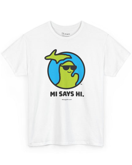 White cotton t-shirt with a waving Michigan logo wearing sunglasses and smiling for the MI Says Hi brand.